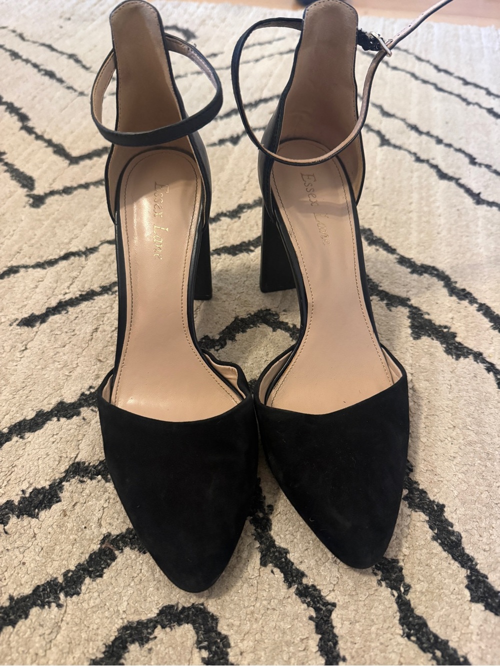Essex Lane Black Suede Pointed-Toe Ankle-Strap Block Heels
